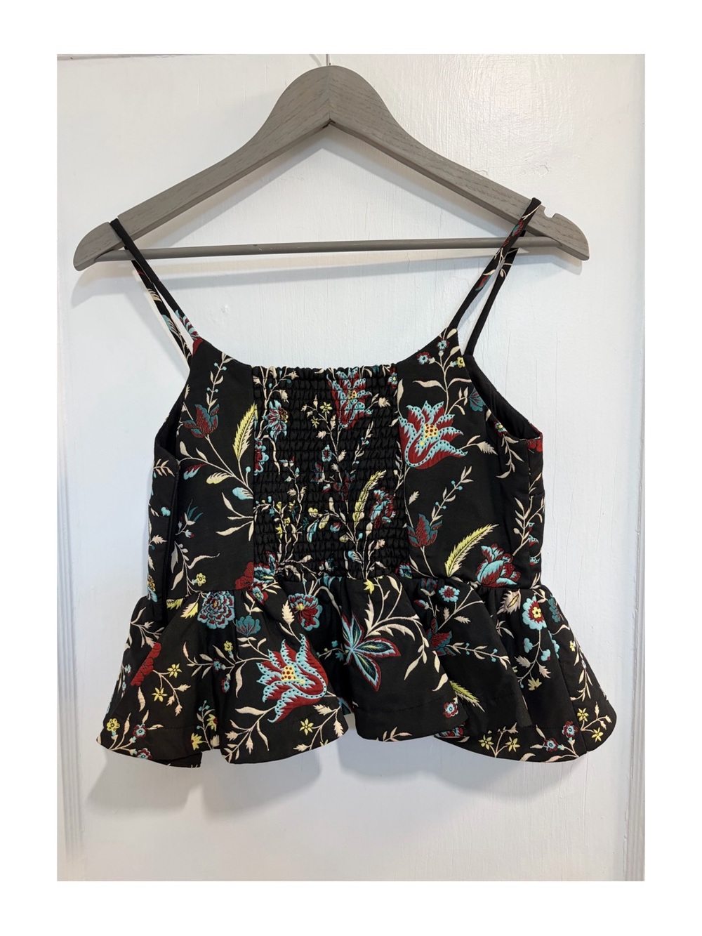 Anthropologie Black Floral Peplum Top